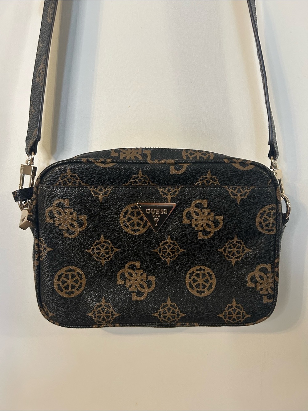 GUESS Black and Brown Logo Print Crossbody Bag